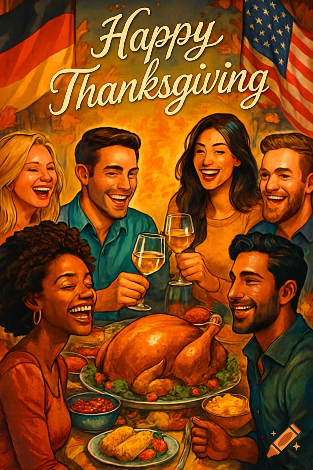 Vibrant painting of diverse friends celebrating Thanksgiving with a turkey, food, and wine, under German and American flags.