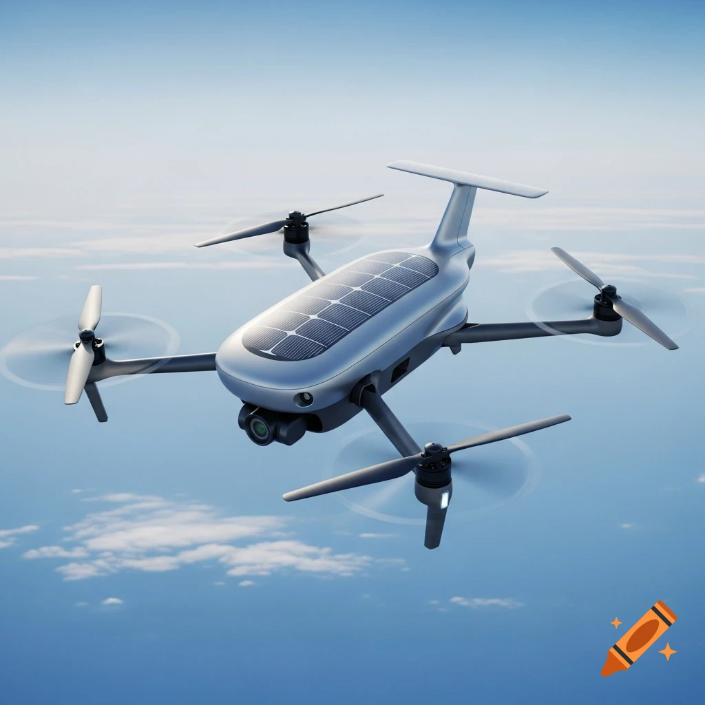 A modern grey drone with a solar panel on its top, flying in a clear blue sky with sparse clouds, viewed from a slightly upward angle.