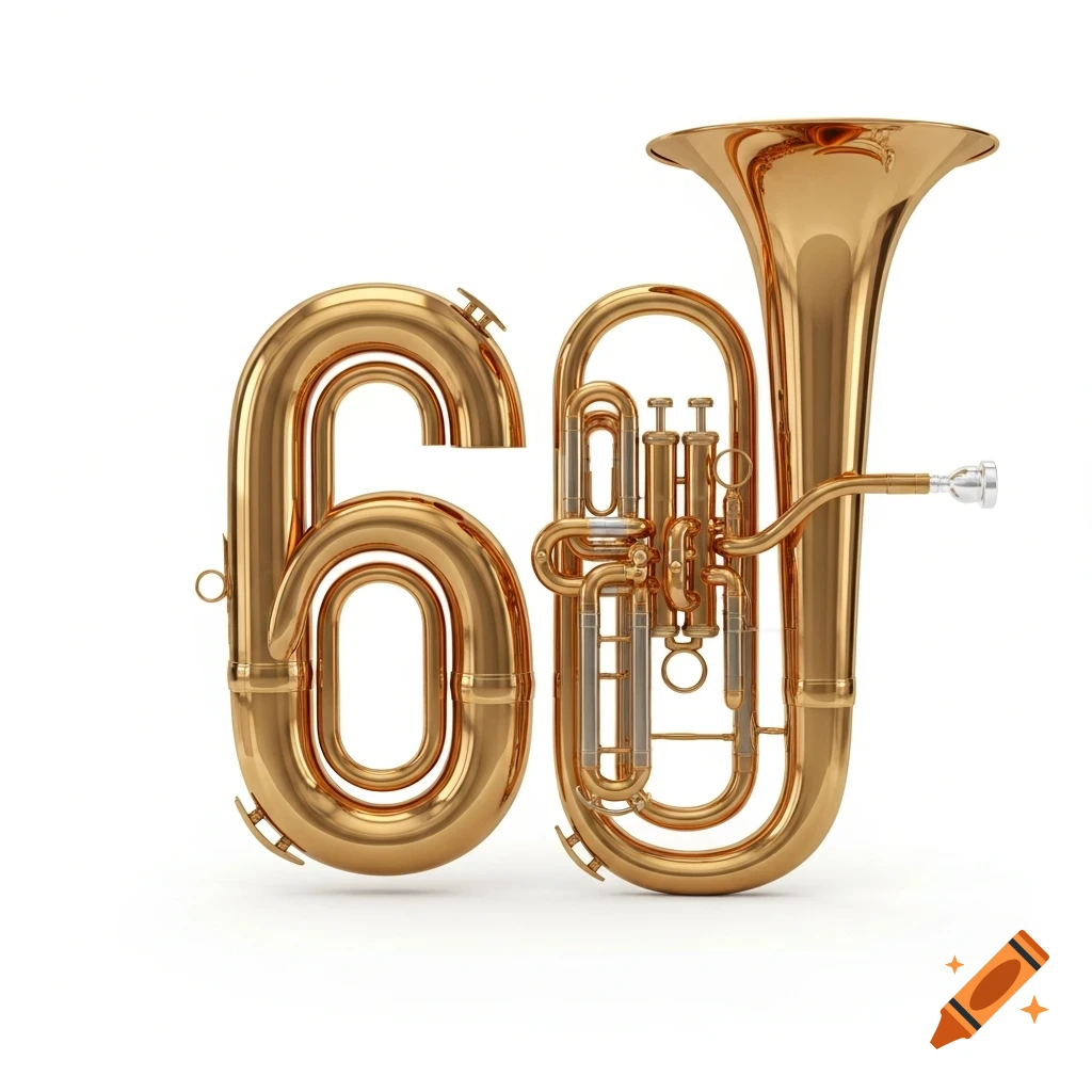 The number 60 intricately formed from shiny golden brass wind instrument pipes against a white background.