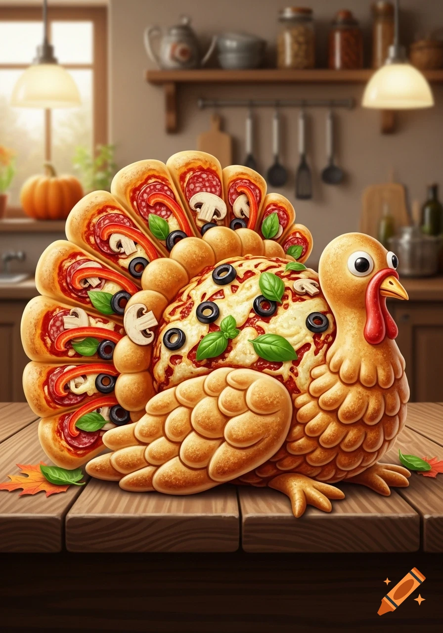 A cartoonish turkey made of pizza, topped with cheese, pepperoni, olives, and mushrooms, sits on a wooden table in a kitchen.
