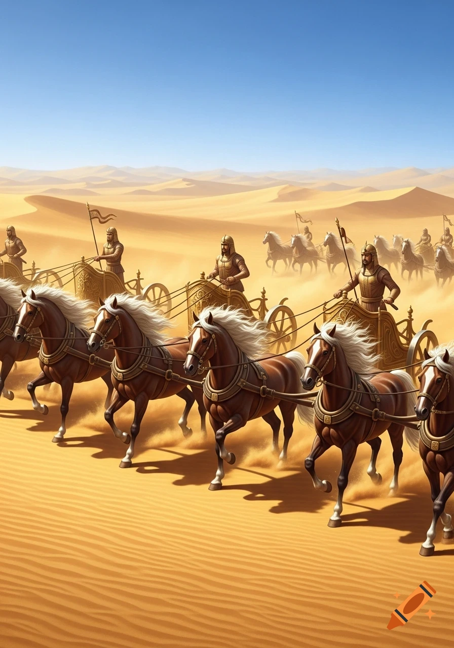Many ancient chariots, each pulled by a pair of horses and driven by a warrior, race across a vast sandy desert with dunes under a blue sky.