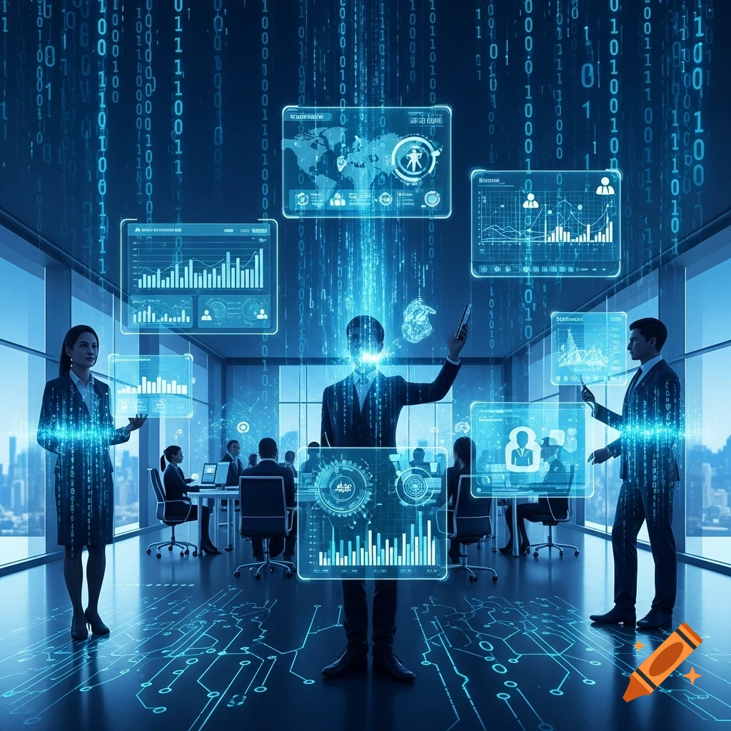 Three business professionals interact with glowing holographic data screens and falling binary code in an office.