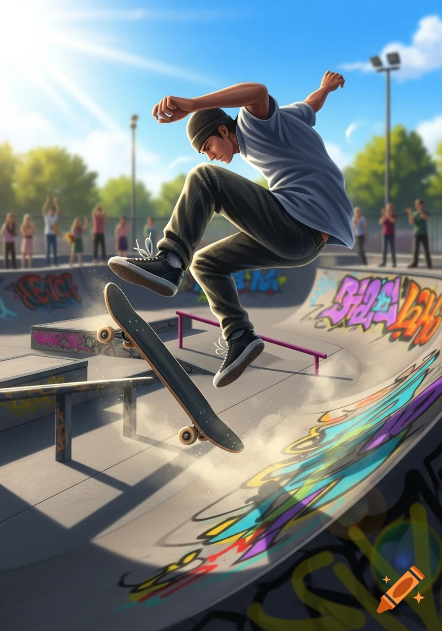 An illustration of a skateboarder doing a trick in a colorful skatepark, with spectators in the background under a sunny sky.