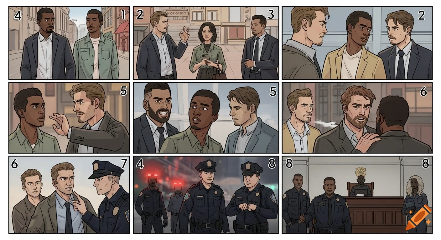 An 8-panel comic strip depicting two Black men encountering racist white men, an argument escalating to a punch, police arriving and arresting the Black men, and finally, the racist police officers being fired in a courtroom setting.