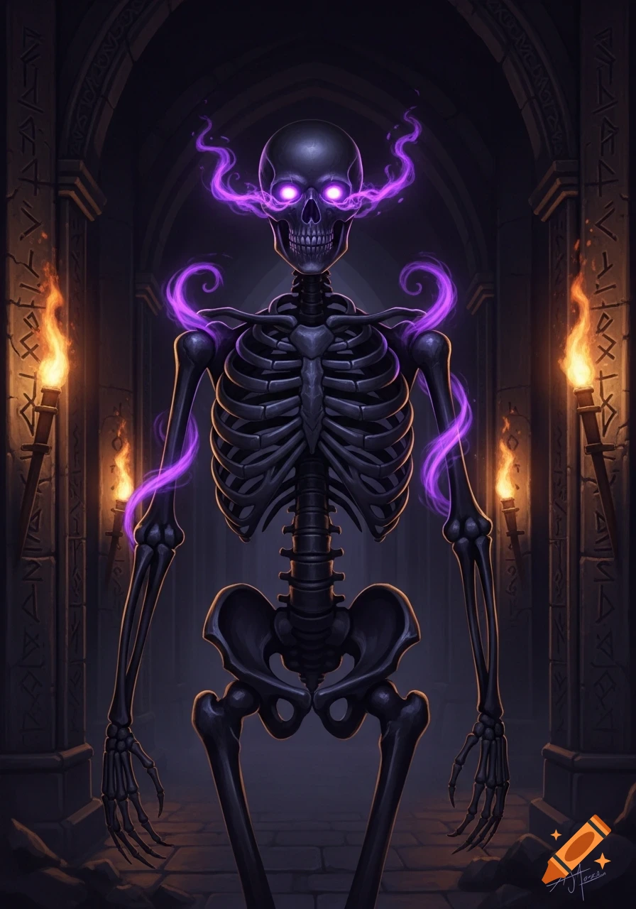 A black skeleton with glowing purple eyes and swirling energy stands in a dark stone hallway with torches.