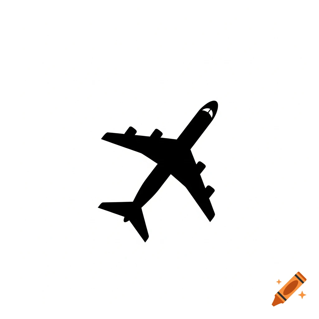 A minimalist black silhouette of an airplane flying upwards on a white background.