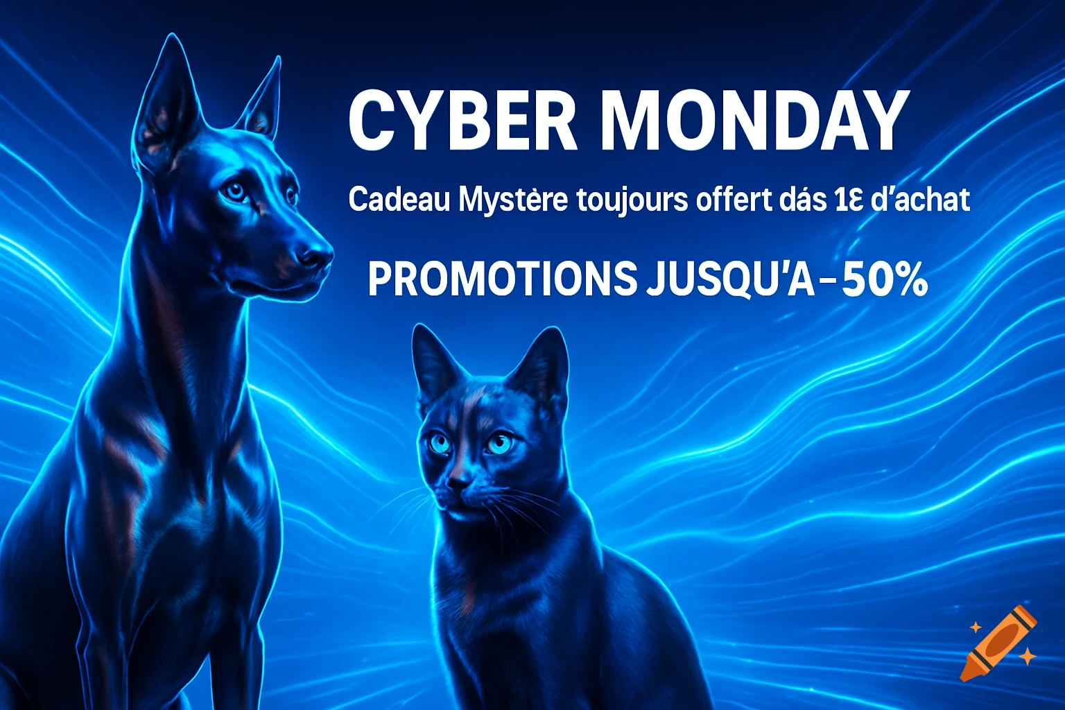 A stylized blue image of a dog and a cat against an electric blue background with glowing energy patterns. Text reads "CYBER MONDAY Cadeau Mystère toujours offert dás 1€ d'achat PROMOTIONS JUSQU'À -50%".