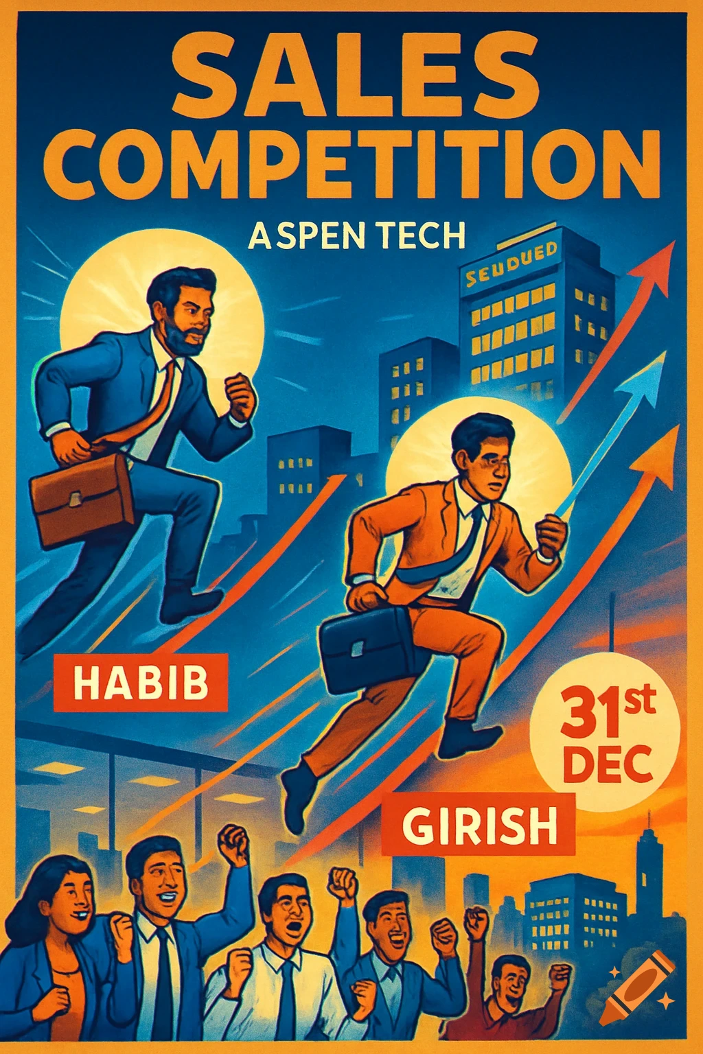 Retro-style poster for an Aspen Tech sales competition featuring two businessmen, Habib and Girish, racing past a city skyline as a team cheers them on.