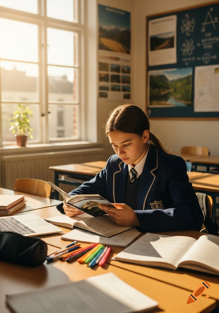 A young female student in a uniform studies a book at a desk in a sunlit classroom, with a laptop and school supplies nearby.