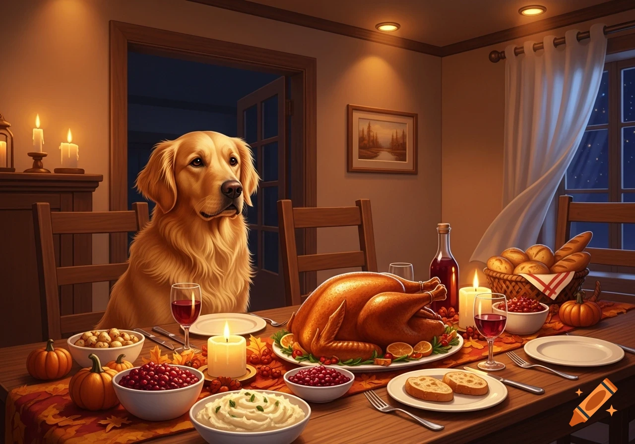 A Golden Retriever sits at a candlelit dining table set with a roasted turkey and various Thanksgiving dishes.