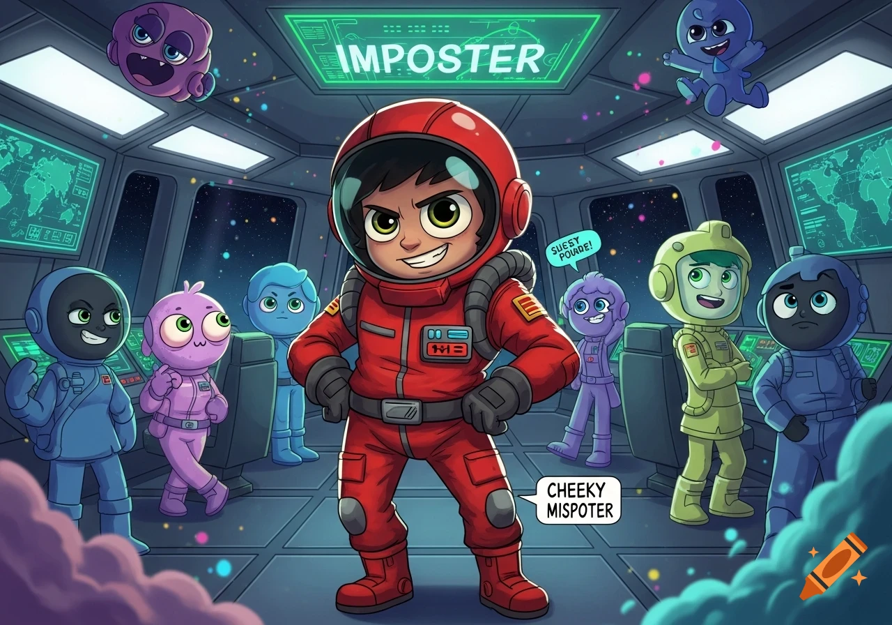 A cartoon illustration in a spaceship of an imposter in a red suit surrounded by other colorful characters, with text saying "IMPOSTER" on a screen.