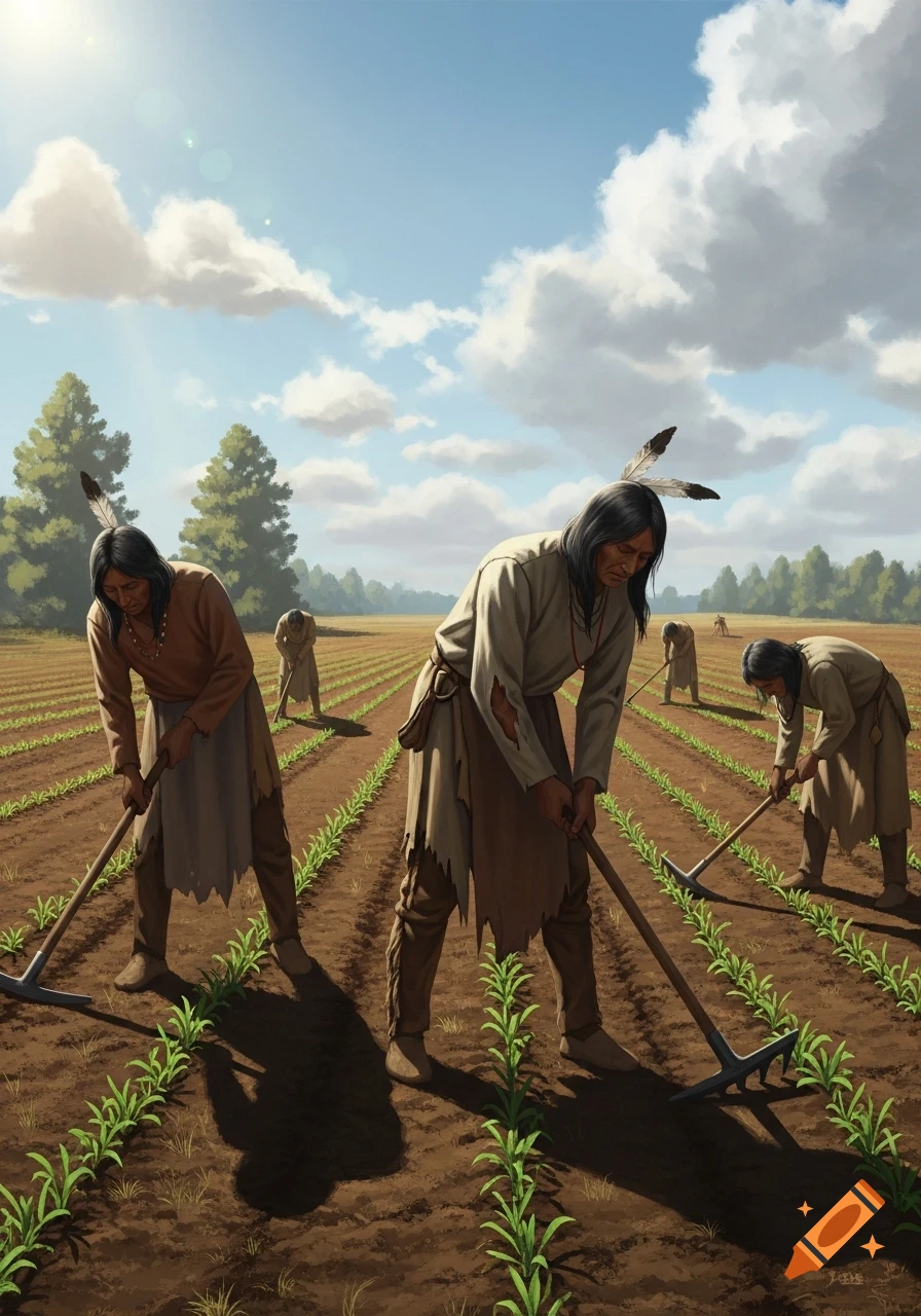 Indigenous people in traditional attire laboring with hoes in rows of crops under a bright, cloudy sky.