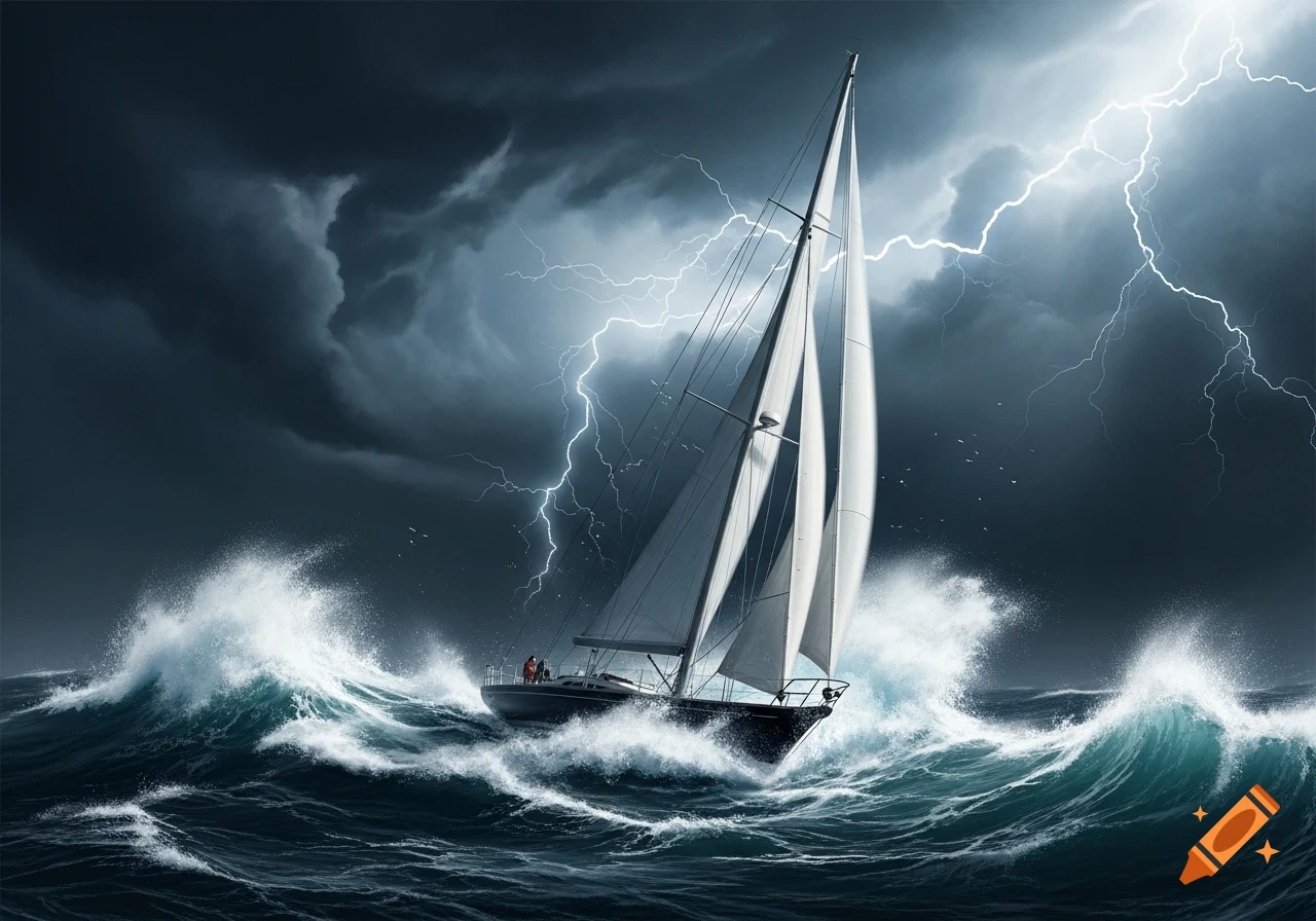 A sailboat with white sails battles huge waves during a dramatic lightning storm at sea.