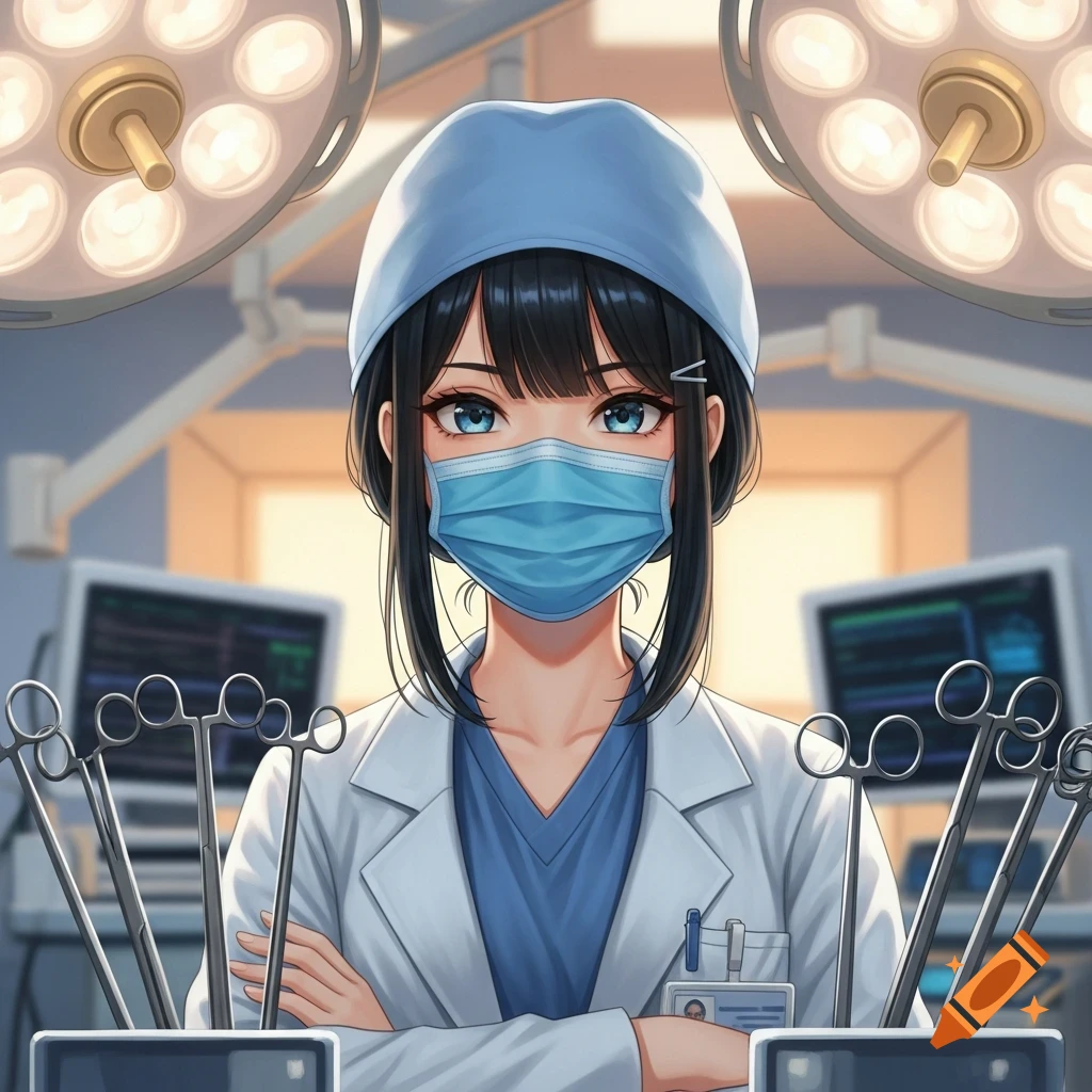 An anime girl surgeon in a blue scrub cap and mask, standing with crossed arms in an operating room with surgical lights and instruments.