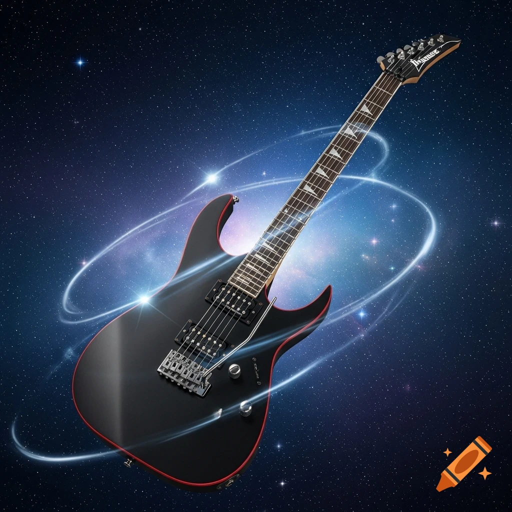 A black Ibanez electric guitar with red trim floats amidst a sparkling starfield with luminous blue rings.