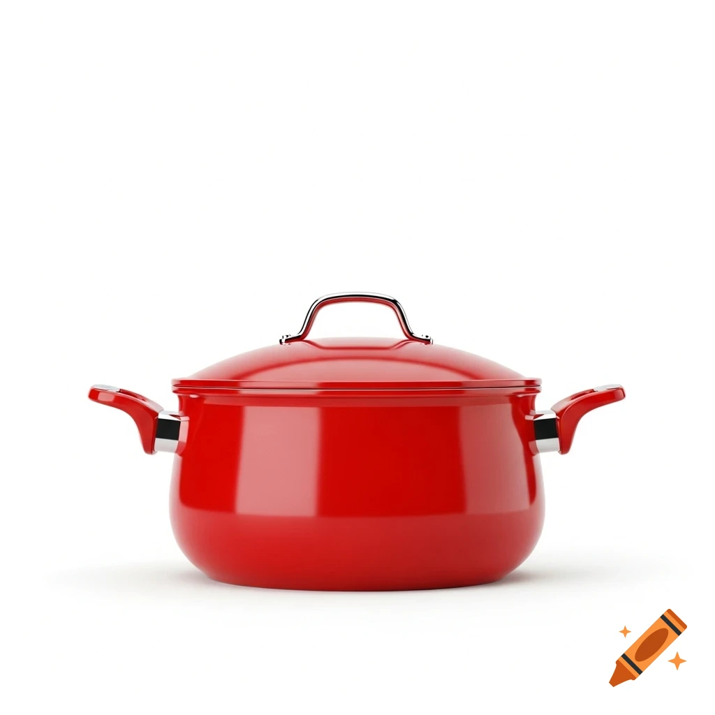 A glossy red cooking pot with a lid and silver handles, centered on a pure white background.