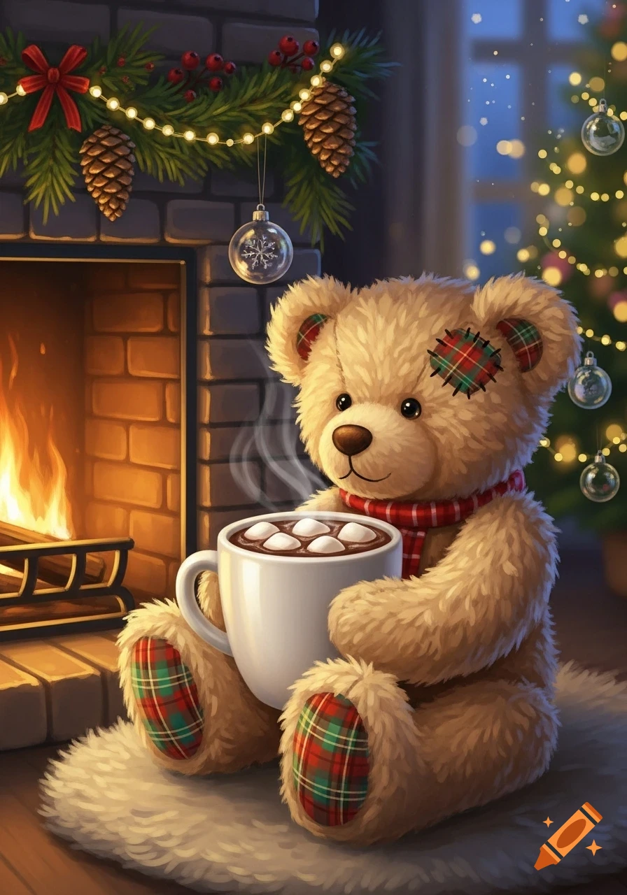 A fluffy teddy bear with a plaid scarf sits by a cozy fireplace, holding a mug of hot chocolate with marshmallows, surrounded by Christmas decorations and a tree.