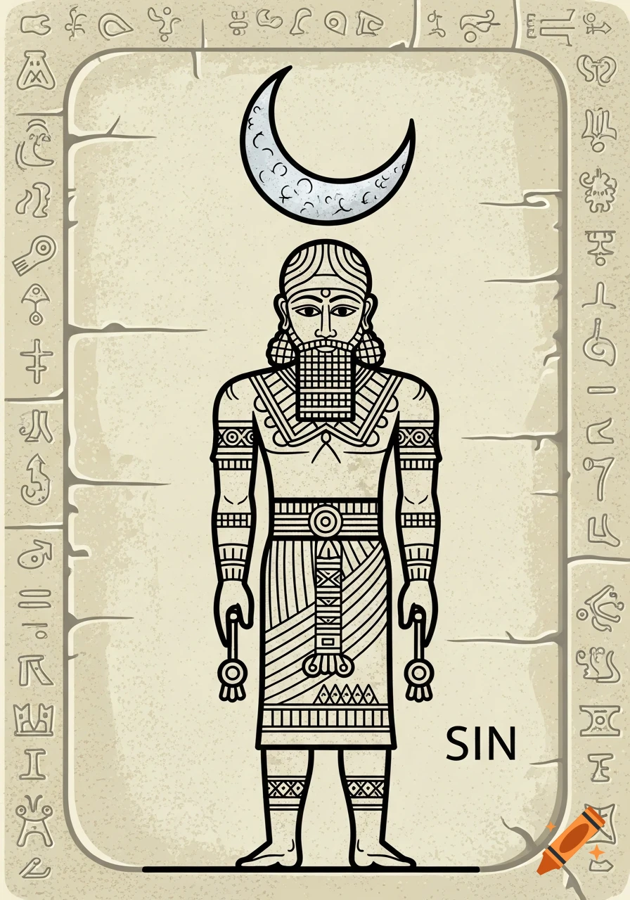 Stylized depiction of the Babylonian moon god Sin with a crescent moon, on a stone tablet with hieroglyphs.