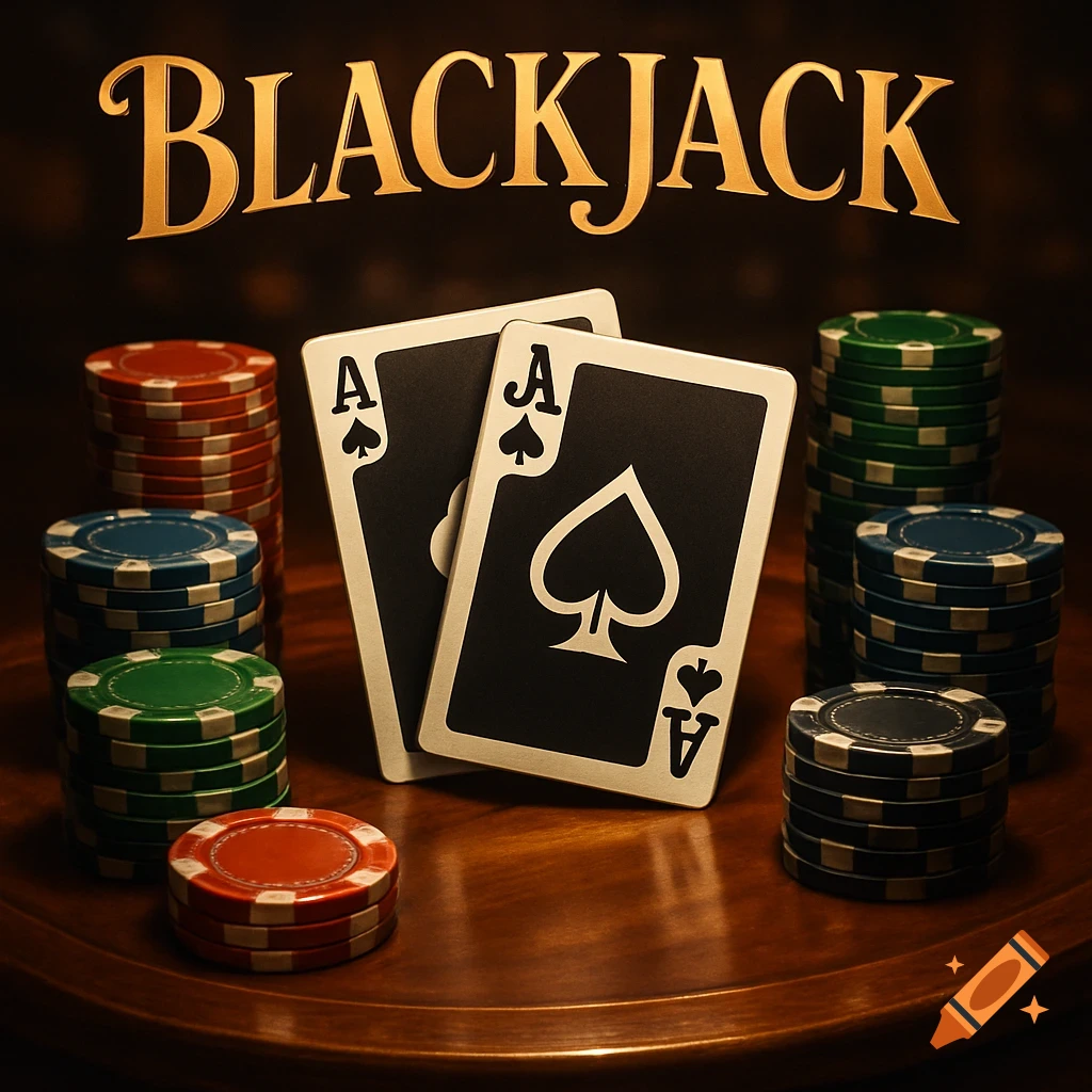 A close-up of two Ace of Spades cards and stacks of red, blue, and green poker chips on a wooden table, with 'BLACKJACK' text above.