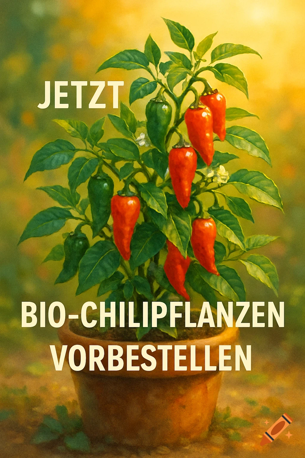 A vibrant chili plant with red and green chilies in a pot, featuring the German advertising text 'JETZT BIO-CHILIPFLANZEN VORBESTELLEN' against a warm, blurry background.