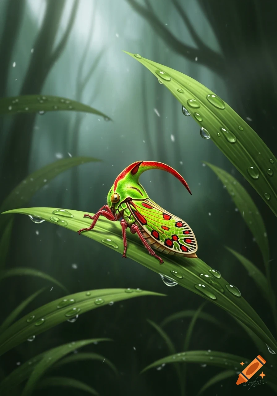 A vibrant, horned treehopper insect with red legs and green, red-spotted wings rests on a dewy green leaf in a misty forest.