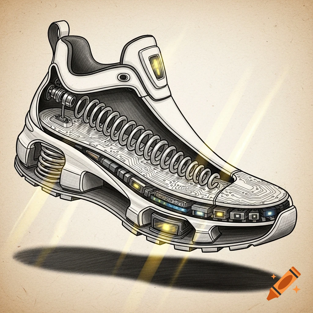 A detailed cross-section illustration of a futuristic white running shoe, revealing internal springs, circuits, and glowing yellow components.