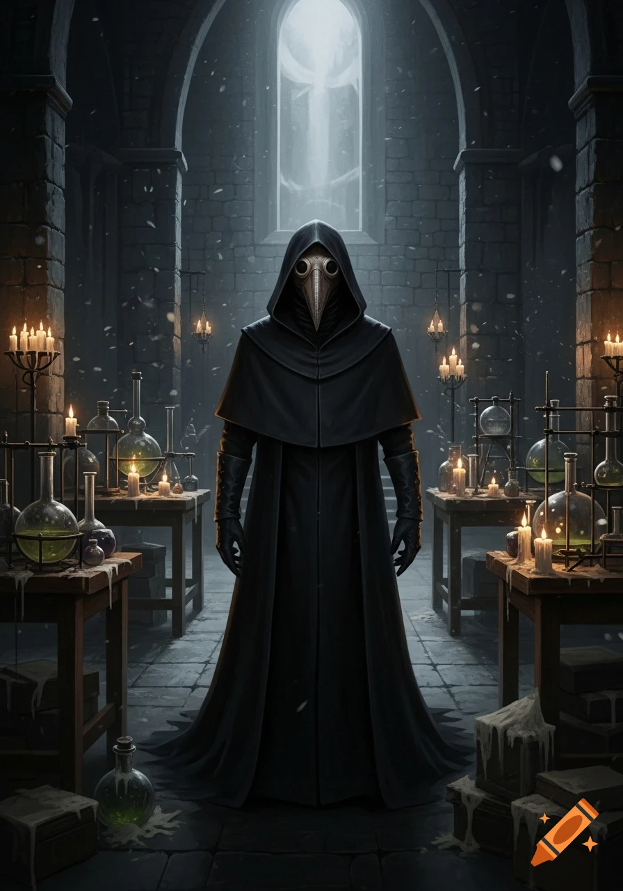 A cloaked plague doctor stands in a dark, vaulted alchemist's lab, surrounded by glowing potions and candles.
