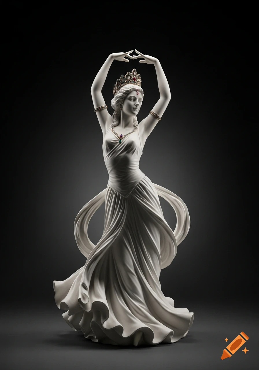 A white marble statue of a graceful female dancer in a balletic pose, wearing a jeweled crown, against a dark background.