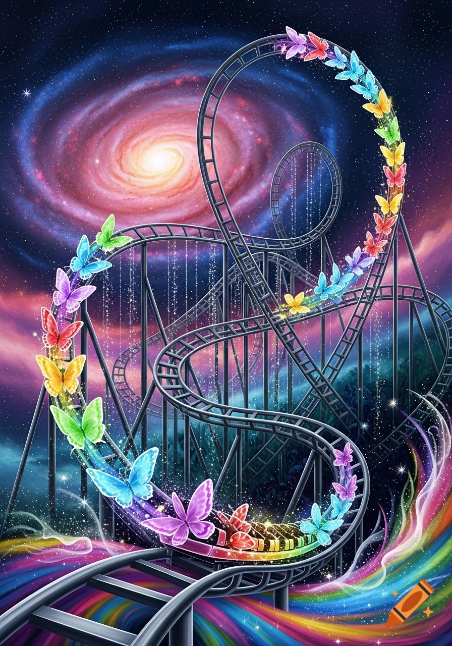 A vibrant, psychedelic rollercoaster winding through a swirling galaxy and starry sky, adorned with colorful butterflies and a glowing rainbow path.
