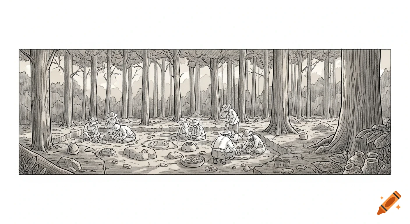 A line-based, muted-color illustration of an archaeological excavation in a forest, with several figures digging and examining artifacts.