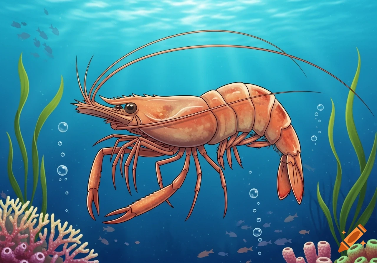 A cartoon shrimp with long antennae swims in a blue ocean among green seaweed and coral, with small fish in the background.