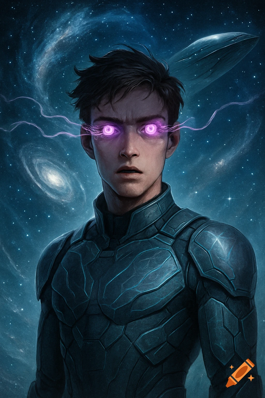 A young man with glowing purple eyes in dark futuristic armor, against ...