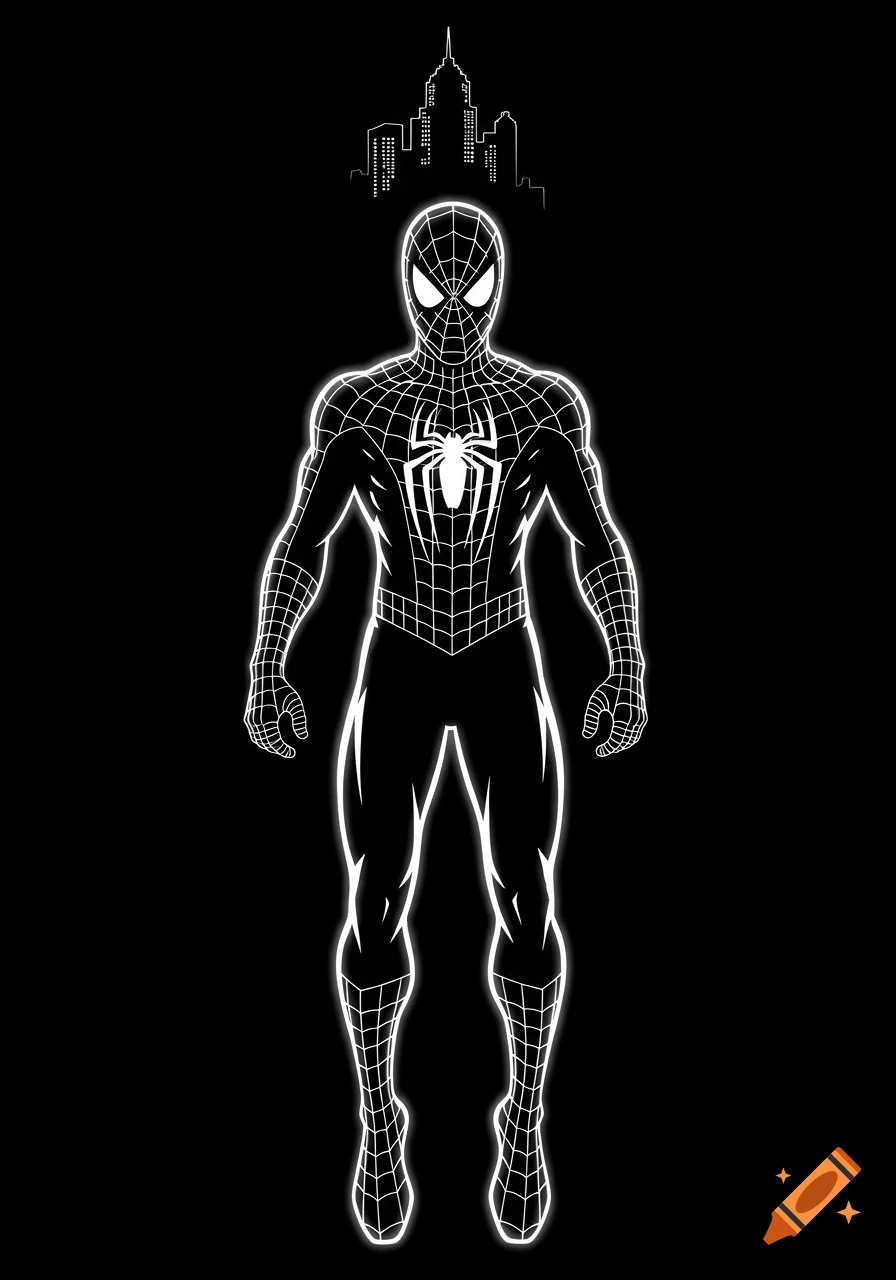 White outline of Spider-Man in his black suit standing against a black background, with a city skyline above.