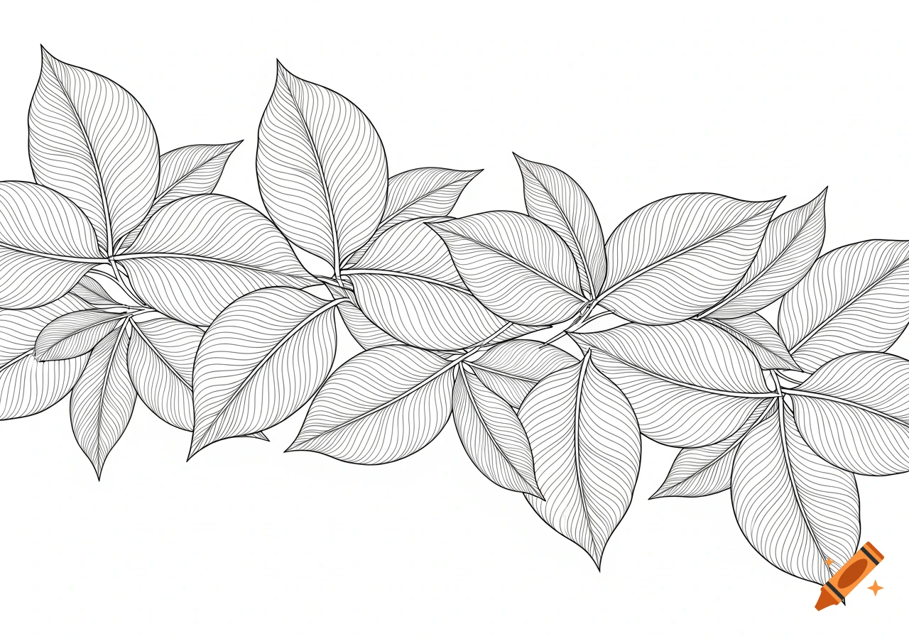 Line art drawing of interlocking leaves forming a horizontal row on a white background.