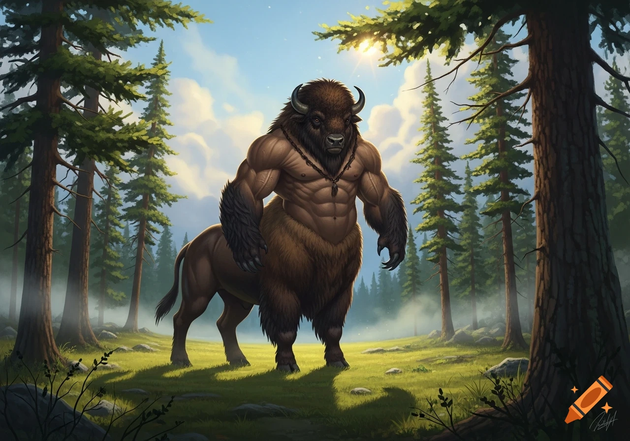 A muscular bison-bear centaur with dark fur and horns stands in a sunny forest clearing, depicted in a digital painting style.
