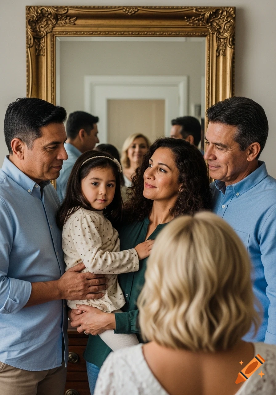 A family stands looking into an ornate mirror, with a child held by a woman and a man, and another woman reflected.