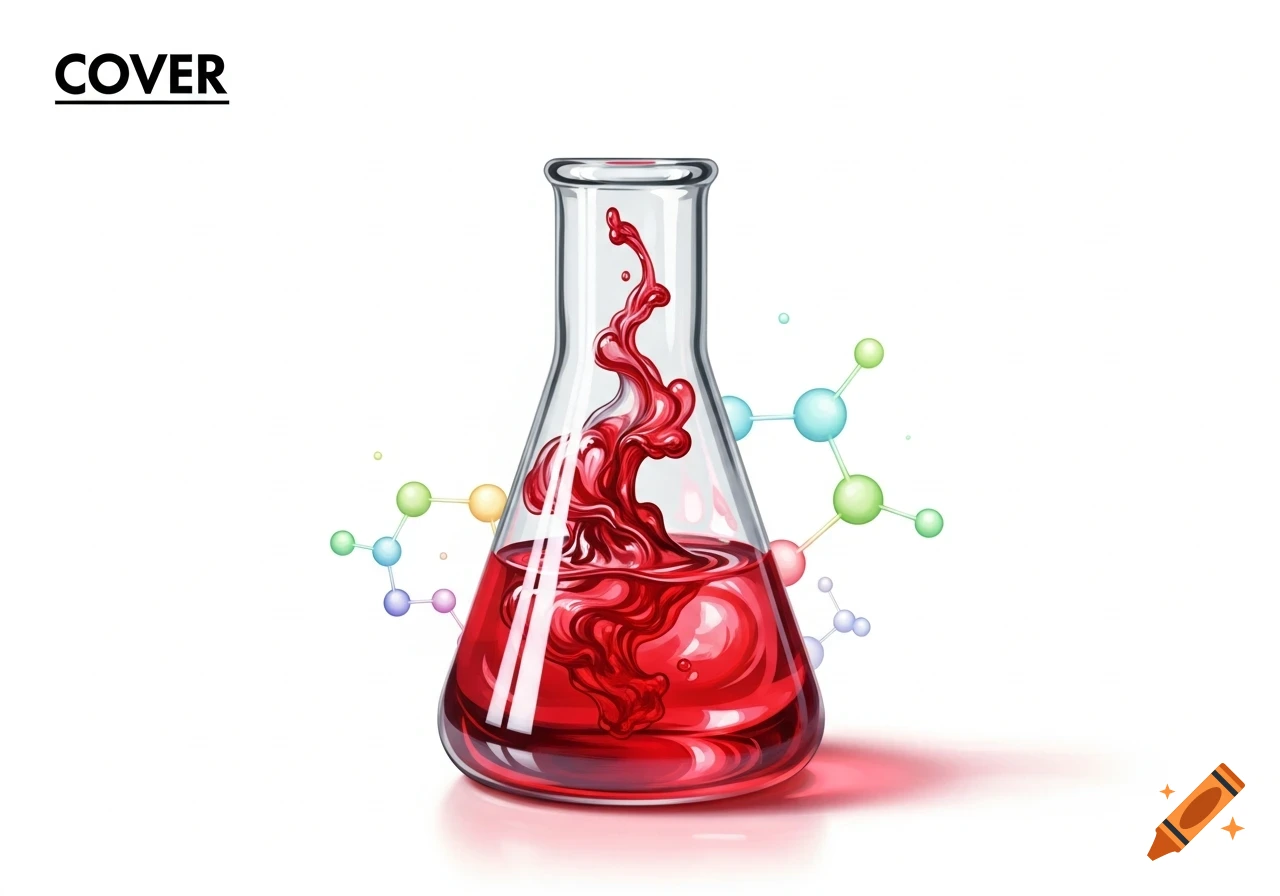 A clear conical flask with swirling red liquid, surrounded by colorful molecular structures, and the word "COVER" on a white background.