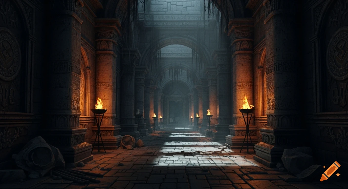 A dark, ominous ancient stone hallway with arched ceilings, pillars, and flickering torches, with sunlight shining through a distant opening.
