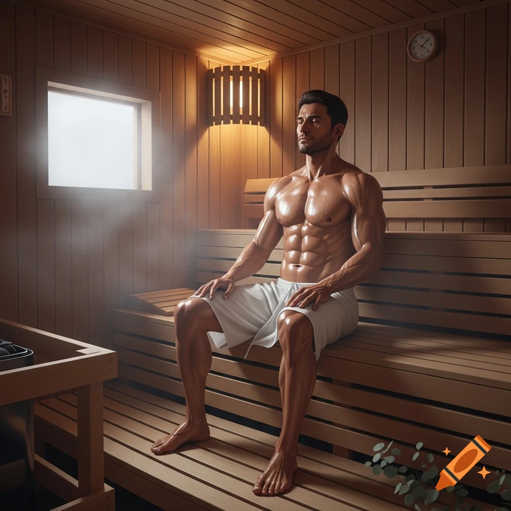 Muscular man relaxing on a wooden bench in a steamy sauna, illuminated by warm light.