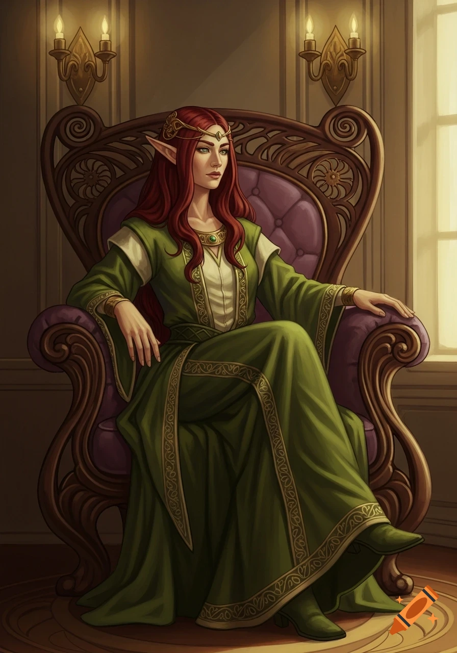 A red-haired high elf woman in a green robe sits elegantly in a lavish art nouveau armchair, looking out of frame.