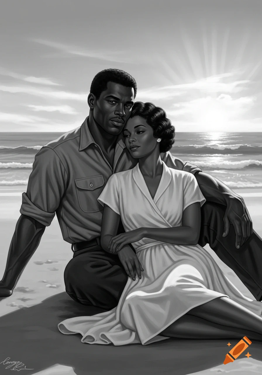 Realistic black and white art of a Black man and woman embracing on a beach with a sunburst in the background.