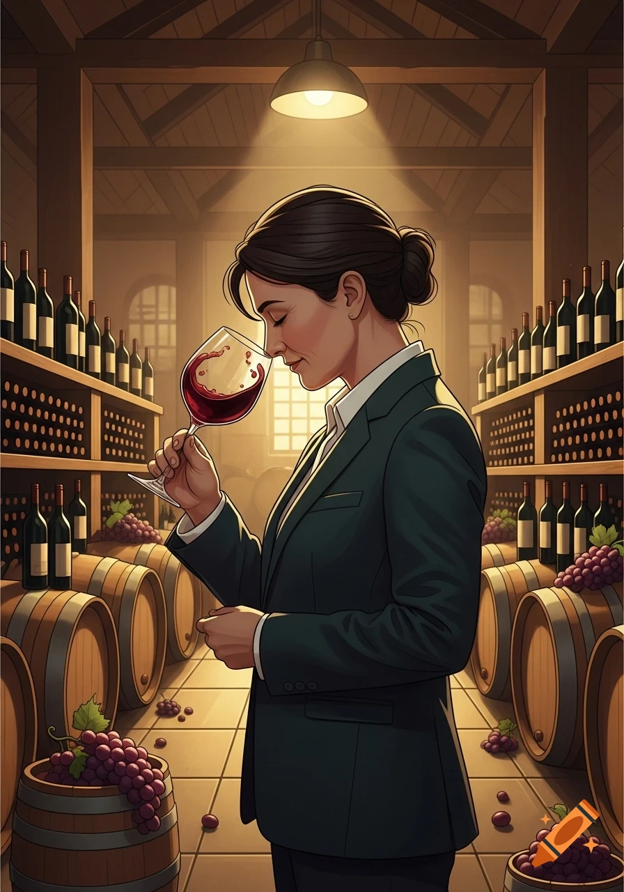 Illustrated scene of a woman, a wine expert, smelling red wine in a cellar filled with barrels and bottles.