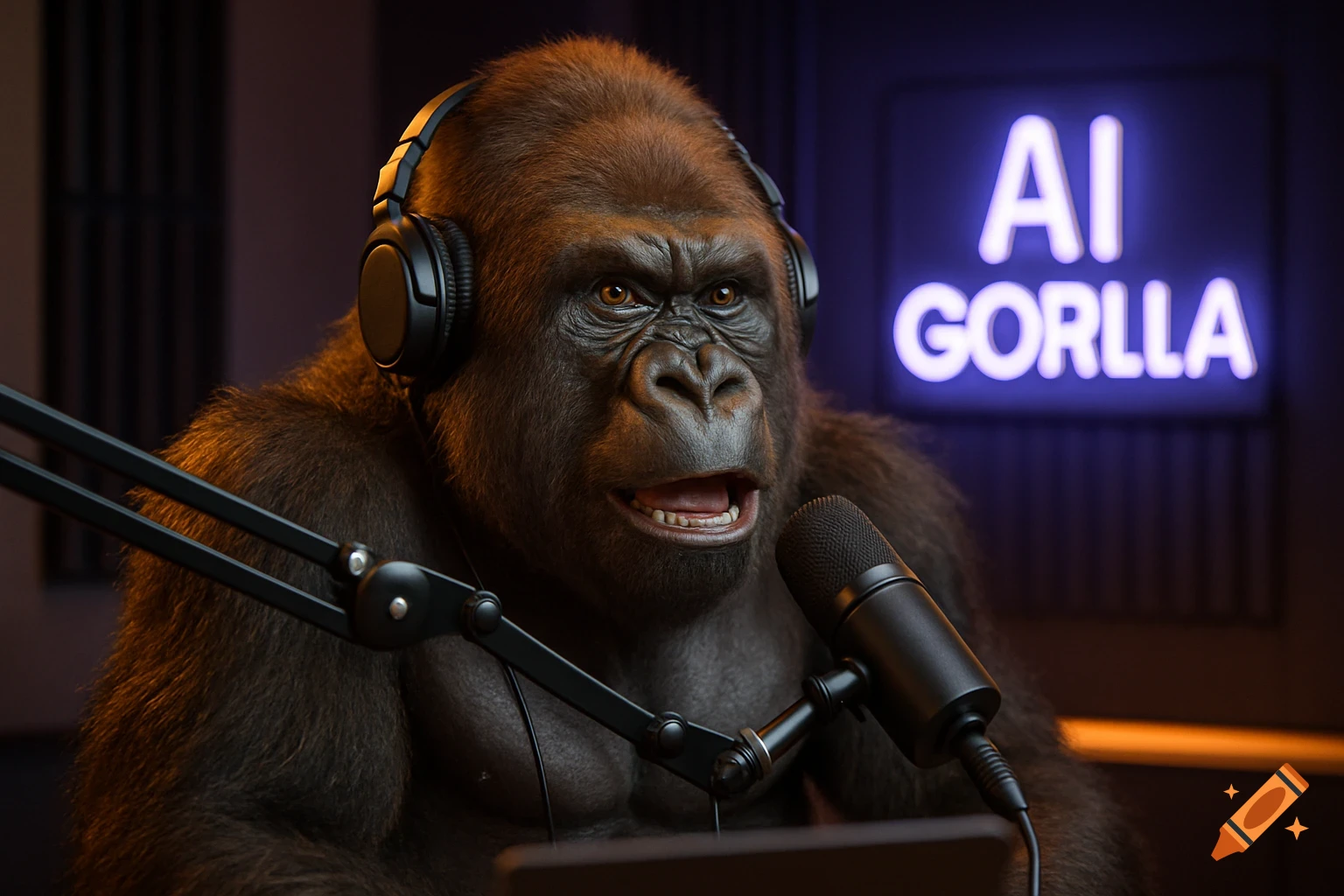 Photorealistic gorilla wearing headphones speaks into a microphone in a modern podcast studio with an 'AI GORLLA' neon sign.