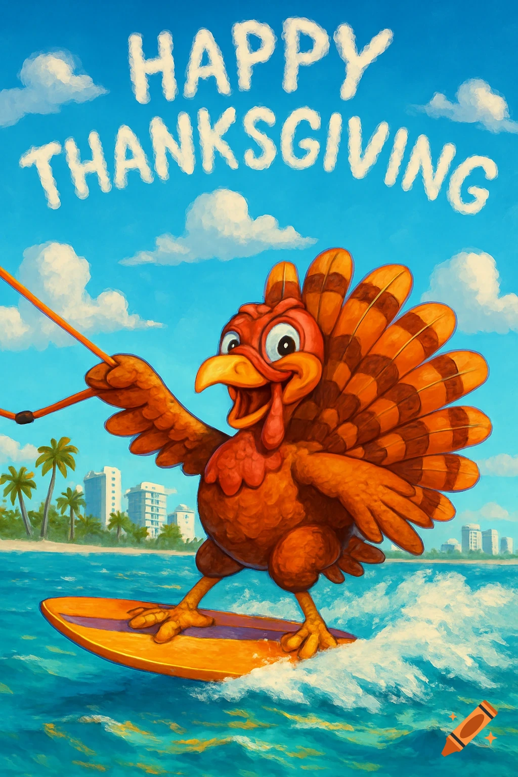 A cartoon turkey wakeboards on a surfboard in the ocean with "Happy Thanksgiving" text formed by clouds in the sky above a sunny beach.
