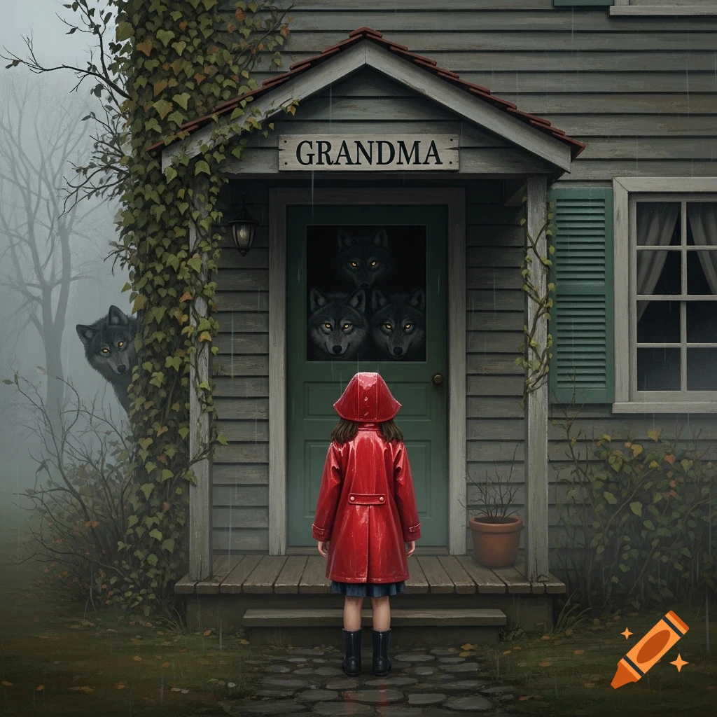 A girl in a red raincoat stands at a wooden house door with a "GRANDMA" sign, while wolves peer from inside the door and behind the house in a foggy, eerie setting.