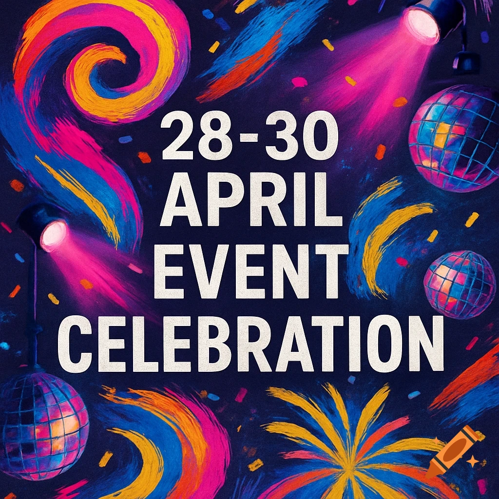 Vibrant abstract poster for an event, featuring colorful paint strokes, spotlights, disco balls, and '28-30 APRIL EVENT CELEBRATION' text.
