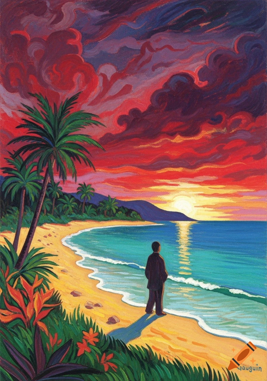 Vibrant painting of a man on a tropical beach watching a dramatic red and orange sunset over the ocean with palm trees.