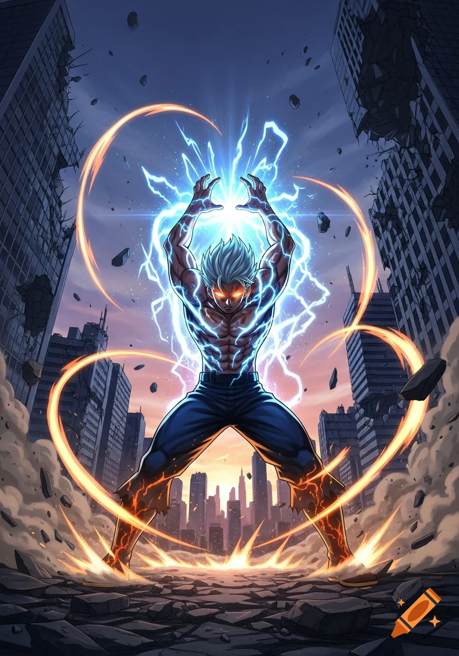 A powerful anime hero crackling with blue lightning and orange energy, standing amidst a destroyed city.