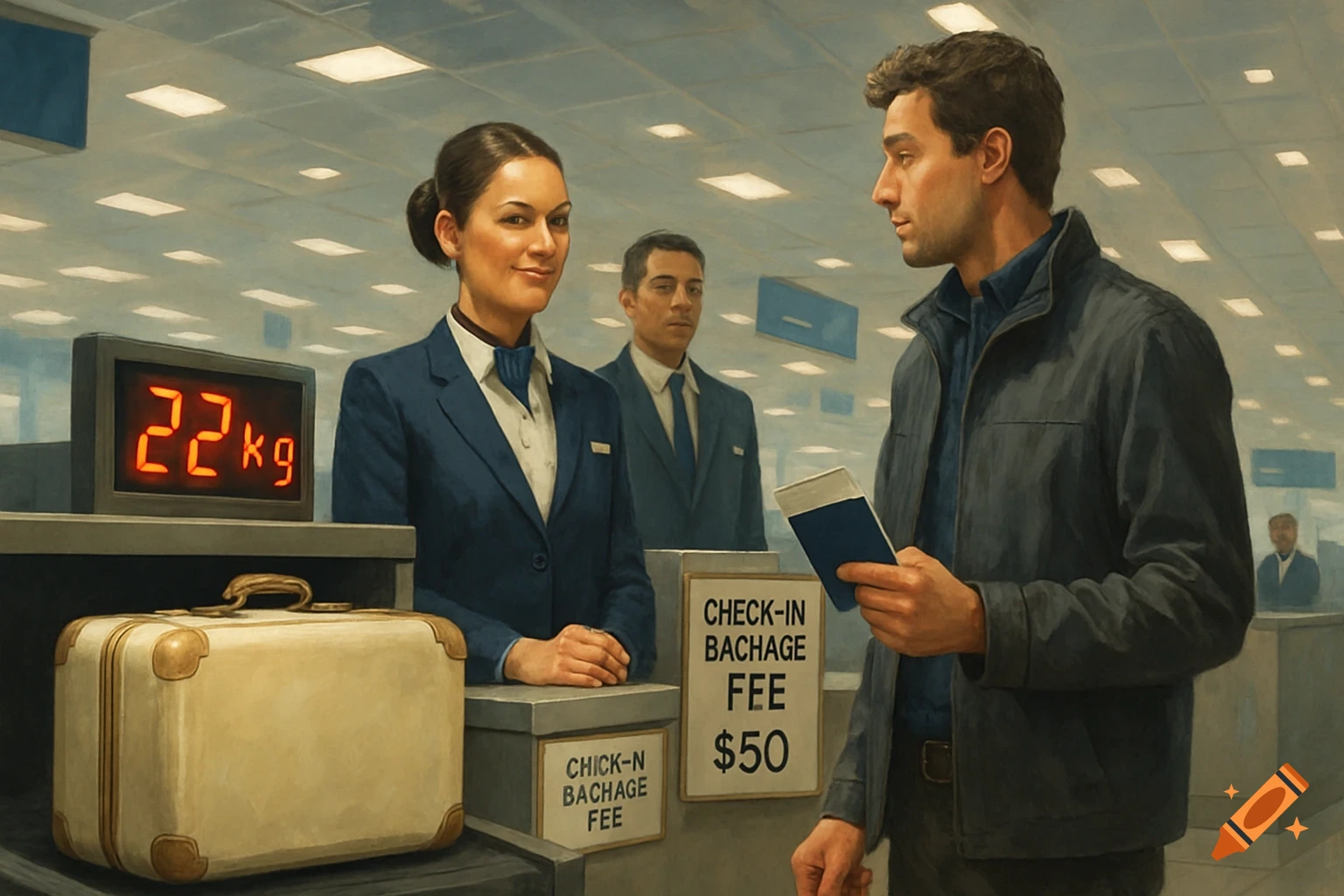A man at an airport check-in counter interacts with a smiling female airline agent, with a suitcase weighing 22kg on the scale.