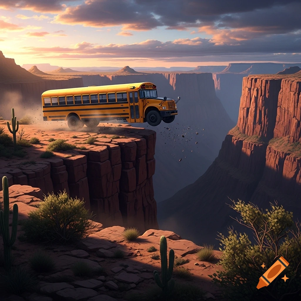 A yellow school bus drives off a red canyon cliff, with small rocks falling into the deep chasm below under a cloudy sunset sky.